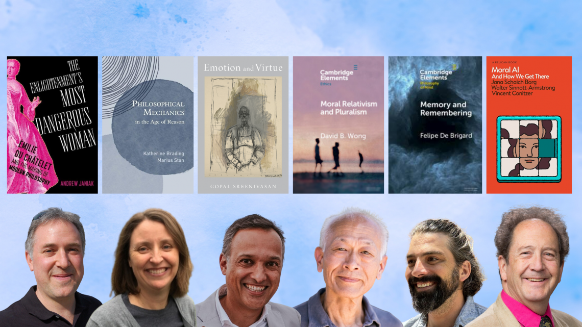 Philosophers below the covers of their recently published books. 